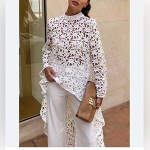 Pretty Garden White Flower Lace Cover Up High / Low Dress Large